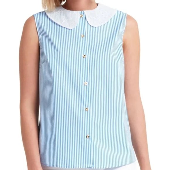 Halston Floral Peter Pan Collar Button Down Blue & White Stripe NWT - Picture 1 of 2